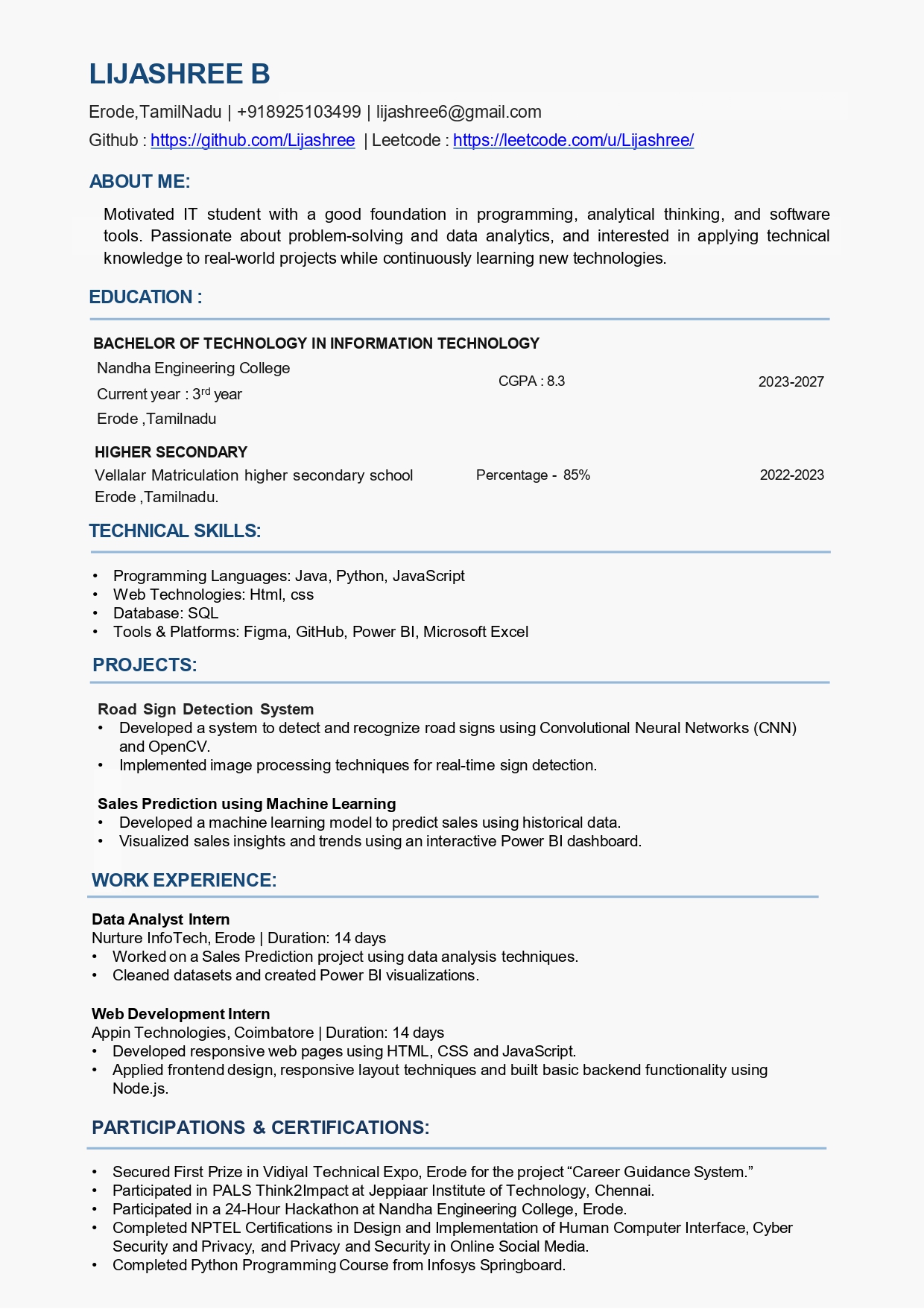 Lijashree B Resume
